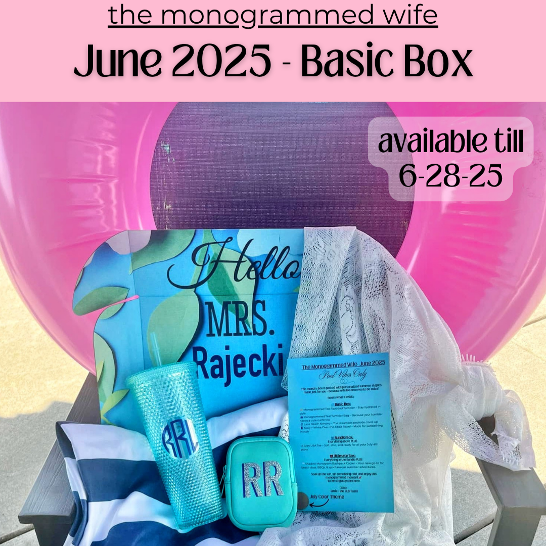 June 2025 Monogrammed Wife Basic Box featuring a blue monogrammed tumbler, matching tumbler pouch, striped lounge chair cover, lace sarong, and printed insert, styled with a pool float in the background.