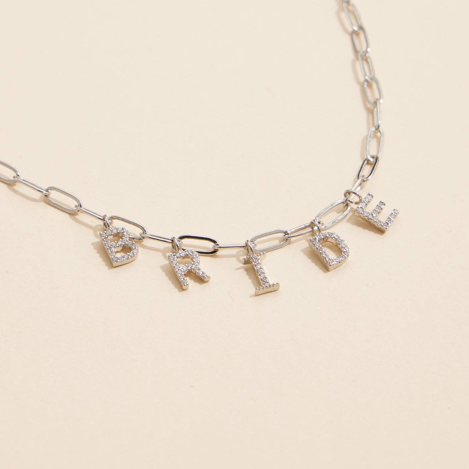Lilla Haven - Sparkling "Bride"  Cubic Zirconia 18K Gold Charm Necklace: White Gold