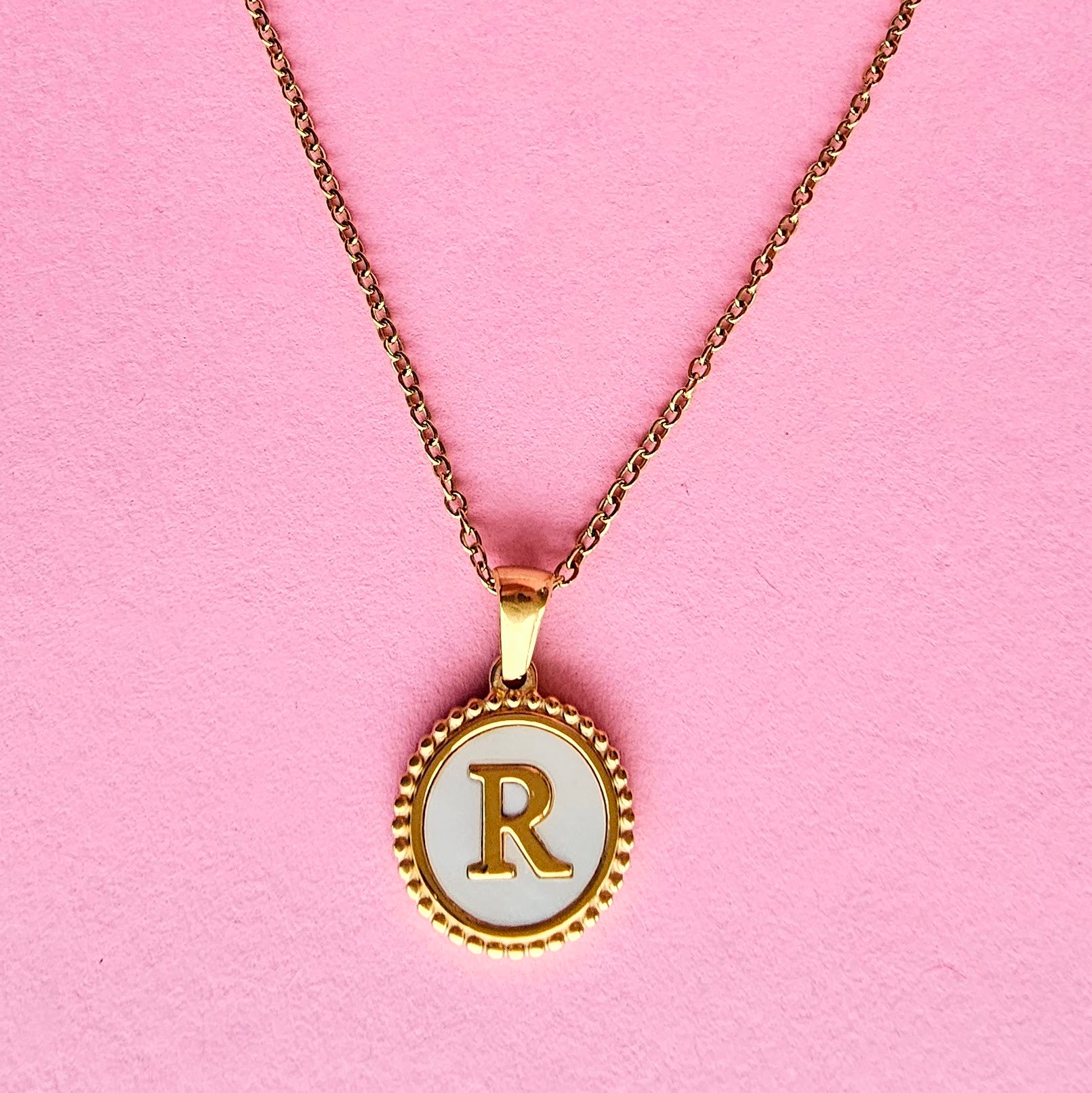 18K Gold + Mother of Pearl Disc Letter Necklace