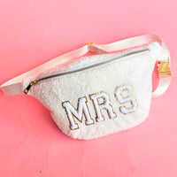 XL sherpa MRS crossbody bag with chenille letters, gold zipper, and adjustable strap