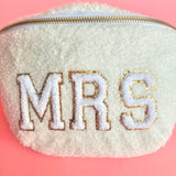 XL sherpa MRS crossbody bag with chenille letters, gold zipper, and adjustable strap