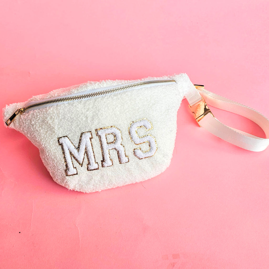 XL sherpa MRS crossbody bag with chenille letters, gold zipper, and adjustable strap