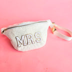 XL sherpa MRS crossbody bag with chenille letters, gold zipper, and adjustable strap