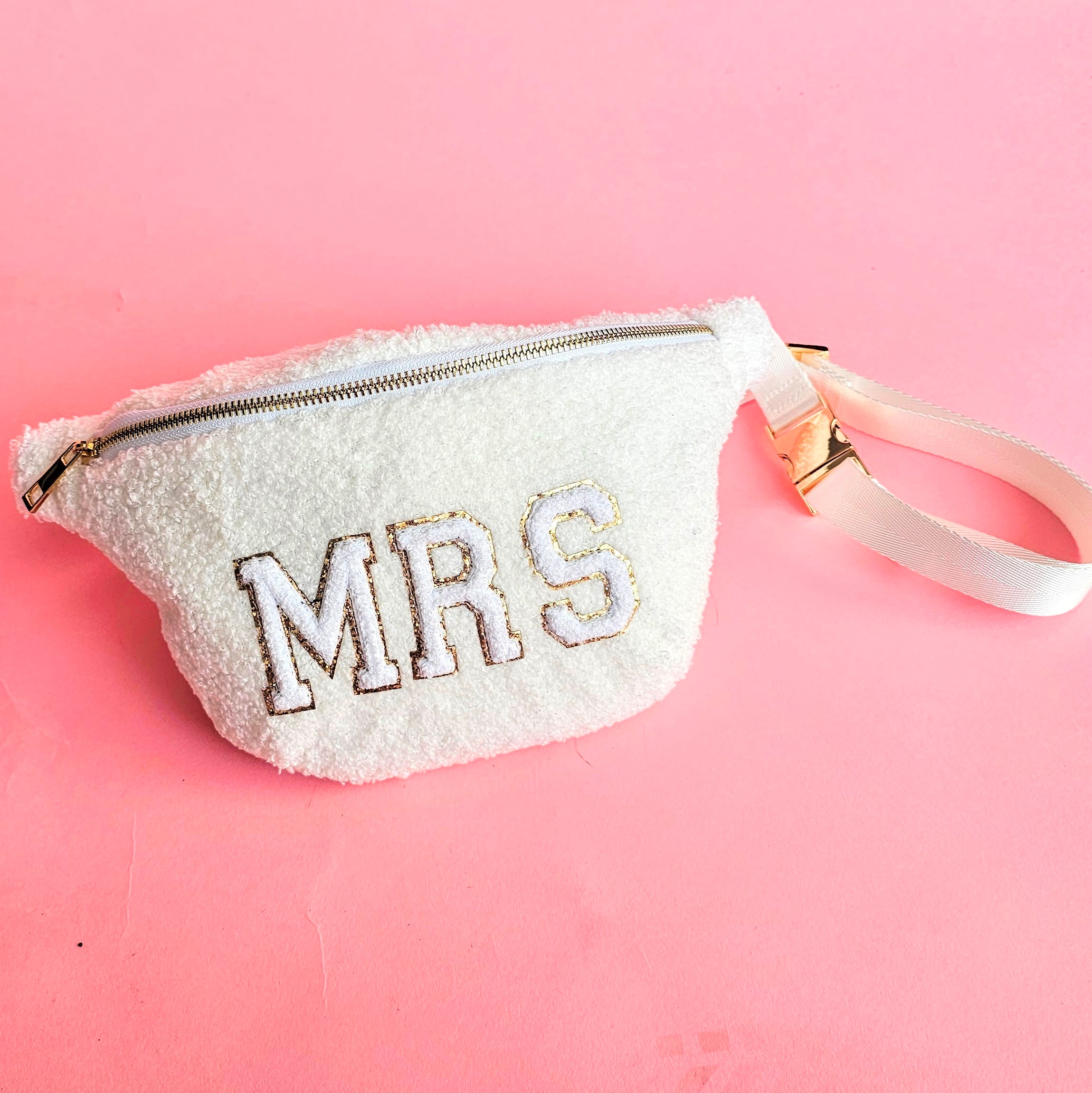 XL sherpa MRS crossbody bag with chenille letters, gold zipper, and adjustable strap