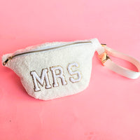 XL sherpa MRS crossbody bag with chenille letters, gold zipper, and adjustable strap