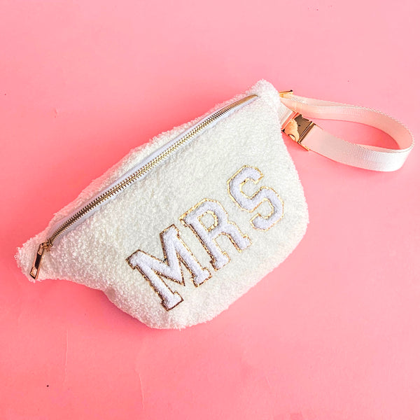XL sherpa MRS crossbody bag with chenille letters, gold zipper, and adjustable strap