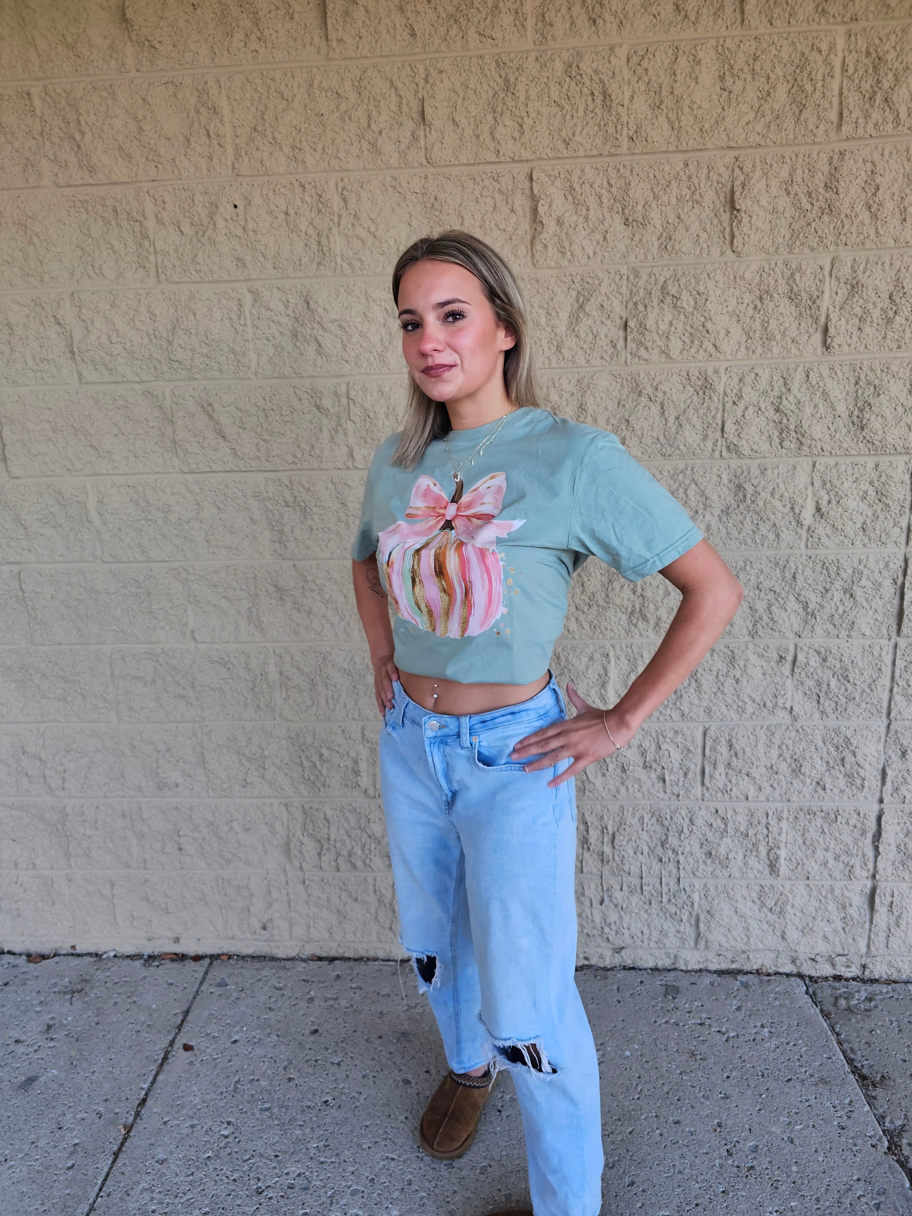 Hand-Painted Pink Pumpkin Bow T-Shirt | Exclusive Bride & Wife Tee