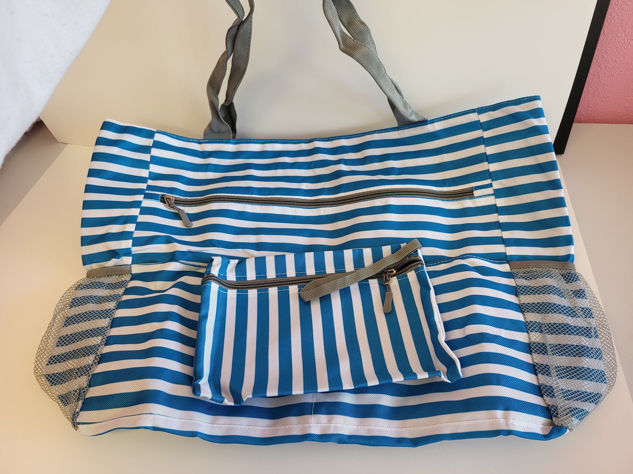 Blue Striped Monogrammed Bag + Wristlet Set