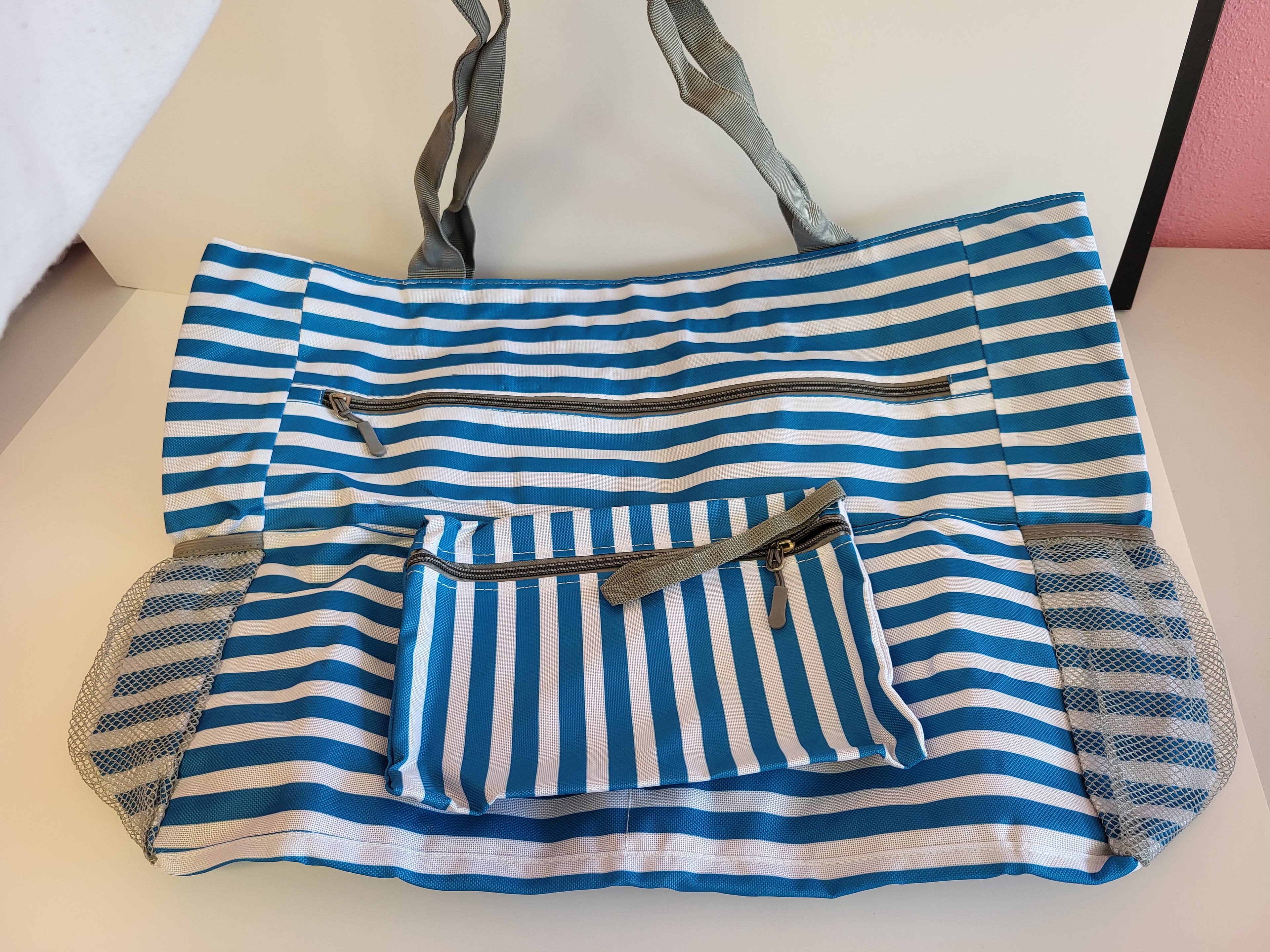 Blue Striped Monogrammed Bag + Wristlet Set