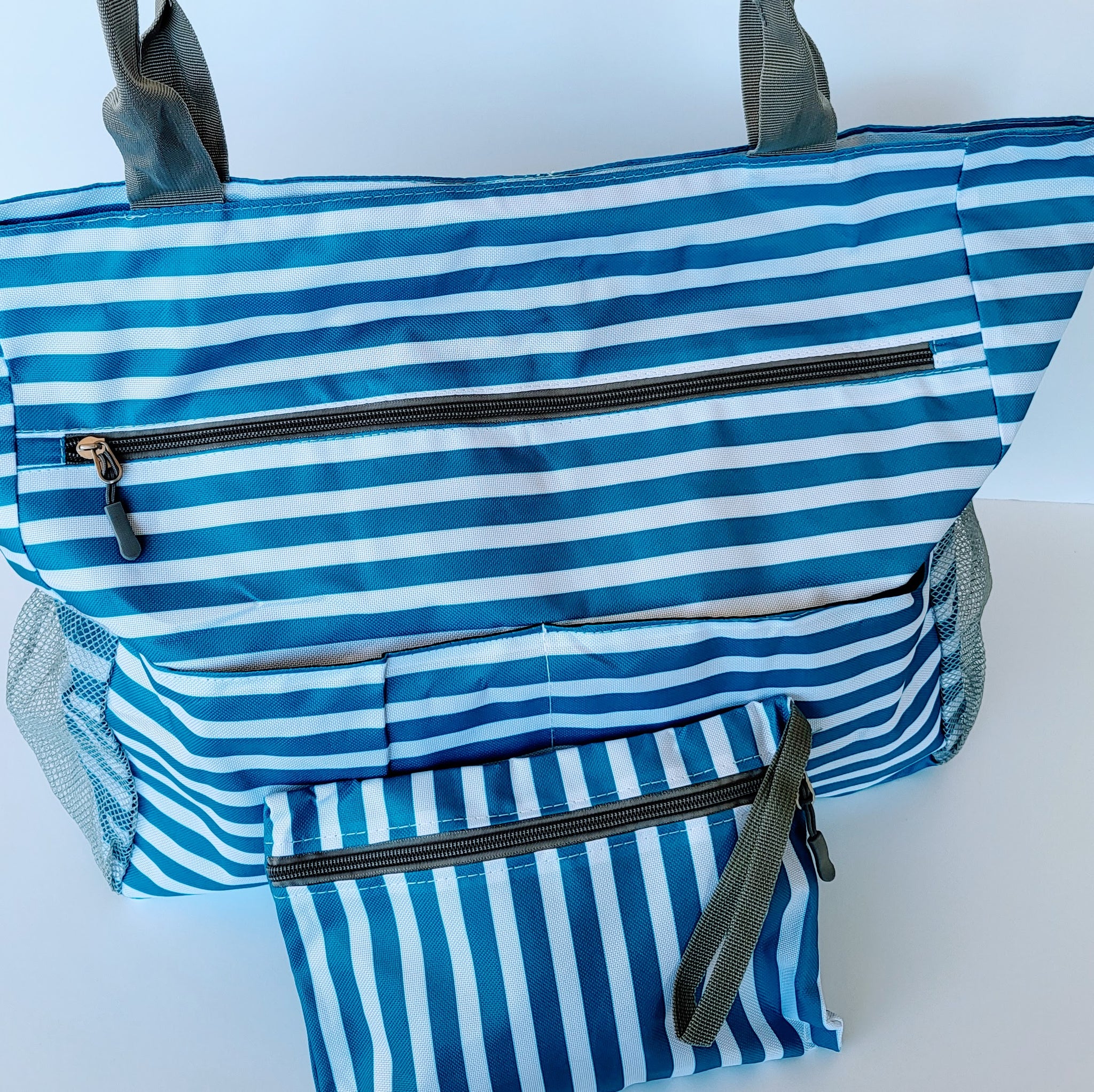 Blue Striped Monogrammed Bag + Wristlet Set