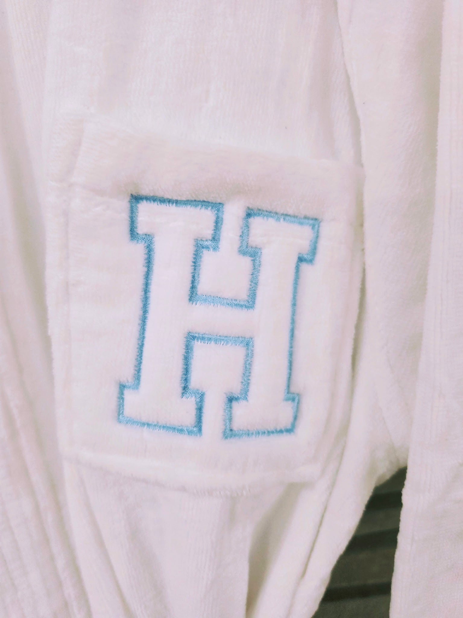 Embroidered Collegiate Letter White Velour Robe