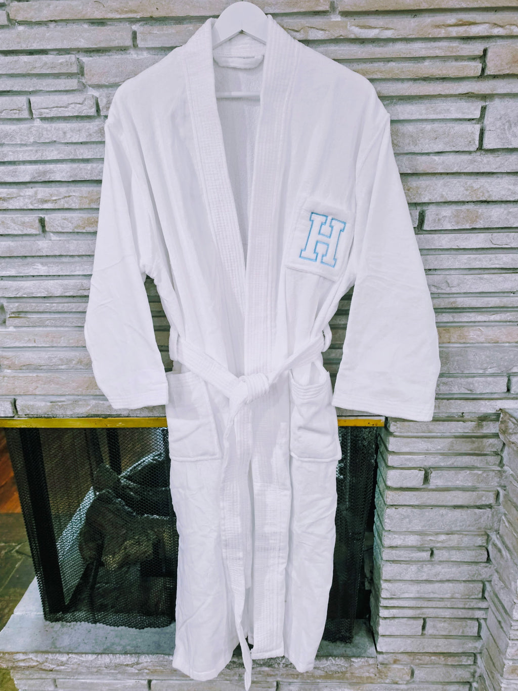 Embroidered Collegiate Letter White Velour Robe