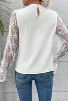 White Contrast Lace Sleeve Mock Neck Textured Blouse
