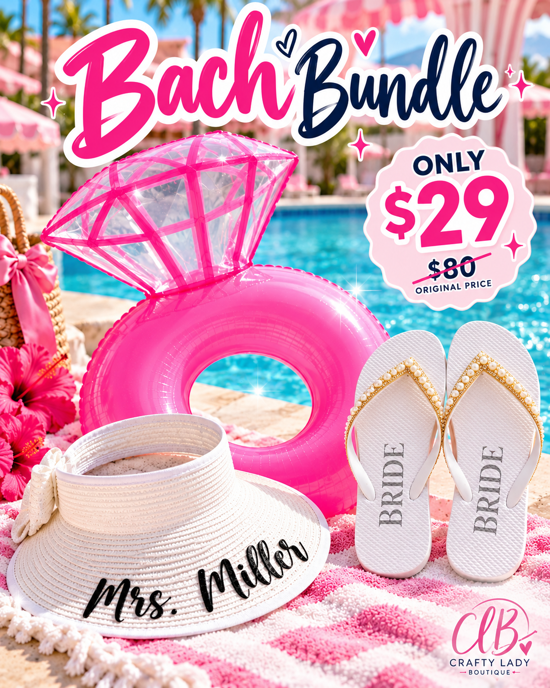 Bach Bundle – Bachelorette Party Pool Float, Personalized Bride Sun Hat & Bridal Flip Flops