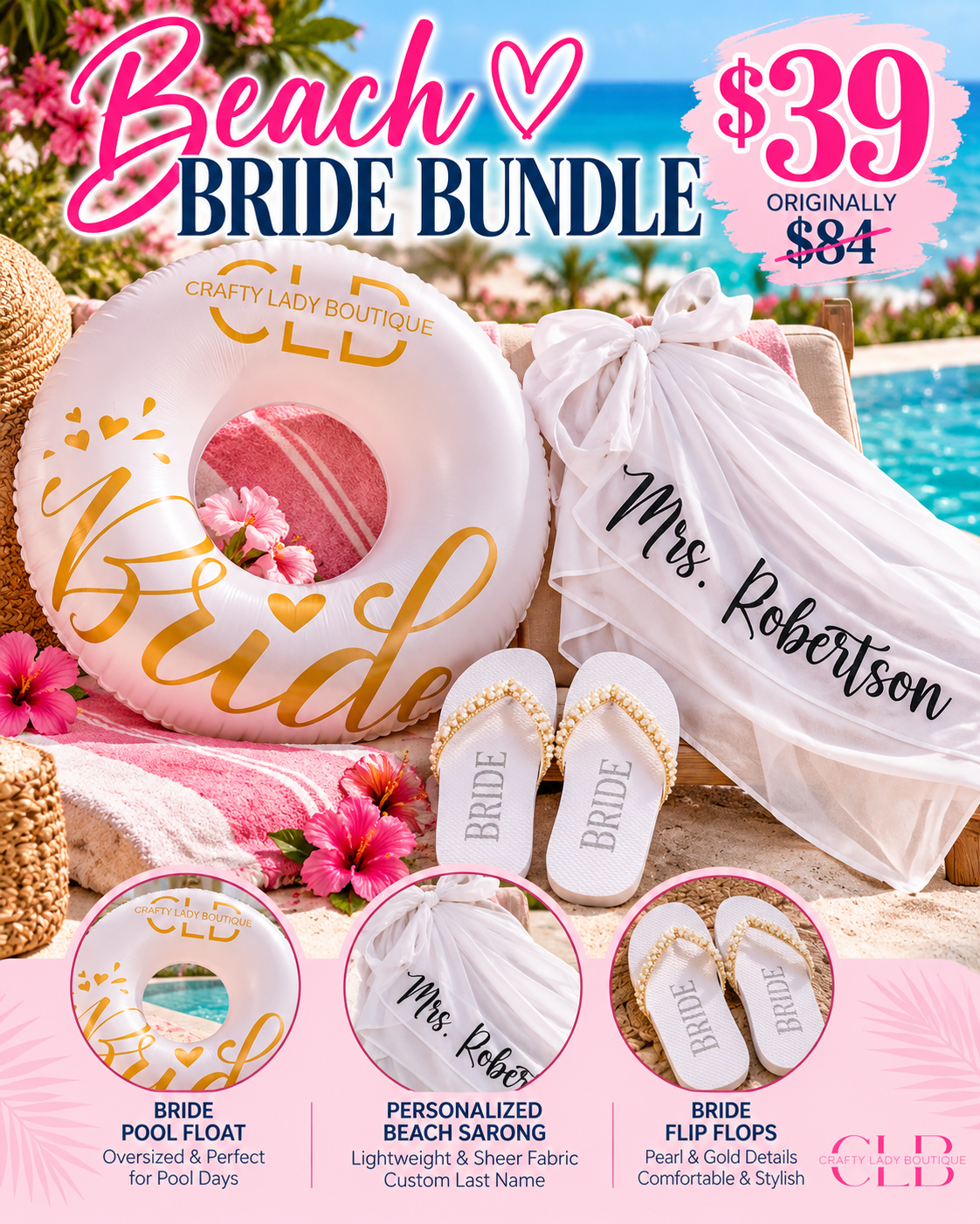 Beach Bride Bundle – Personalized Bridal Sarong, Bride Pool Float & Pearl Flip Flops | Bachelorette & Honeymoon Gift Set