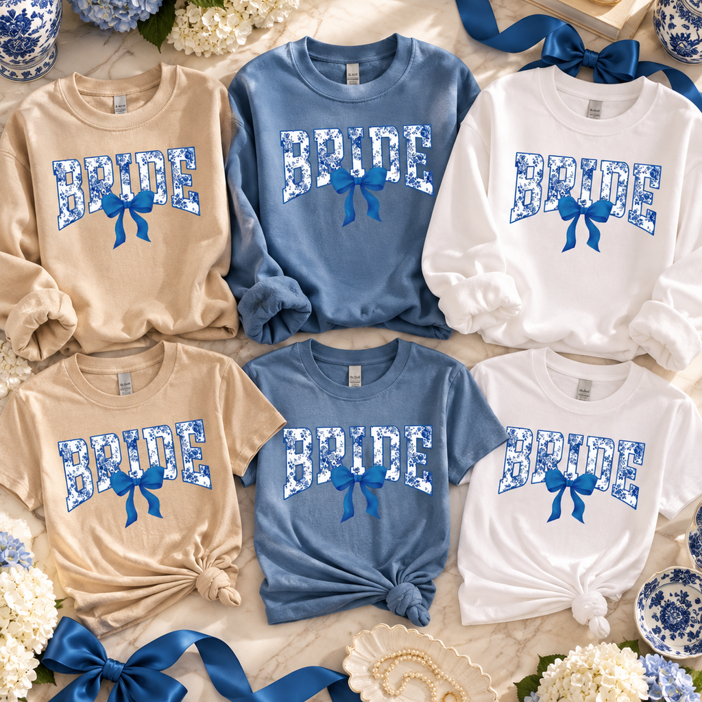 Six crewneck sweatshirts in beige, light blue, and white, each printed with 'BRIDE' in a floral pattern and a blue bow graphic. The sweaters are arranged in a flat-lay with blue ribbons, flowers, and decorative blue-and-white dishes on a light fabric background.