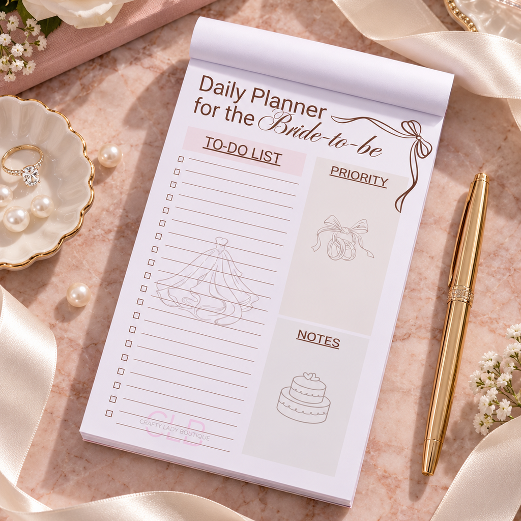 A rolled daily planner pad titled 'Daily Planner for the Bride-to-be' lies on a pink marble surface surrounded by satin ribbons, pearls, a gold pen, and floral props. The planner has lined sections for a to-do list, priority notes, and wedding-themed line drawings.