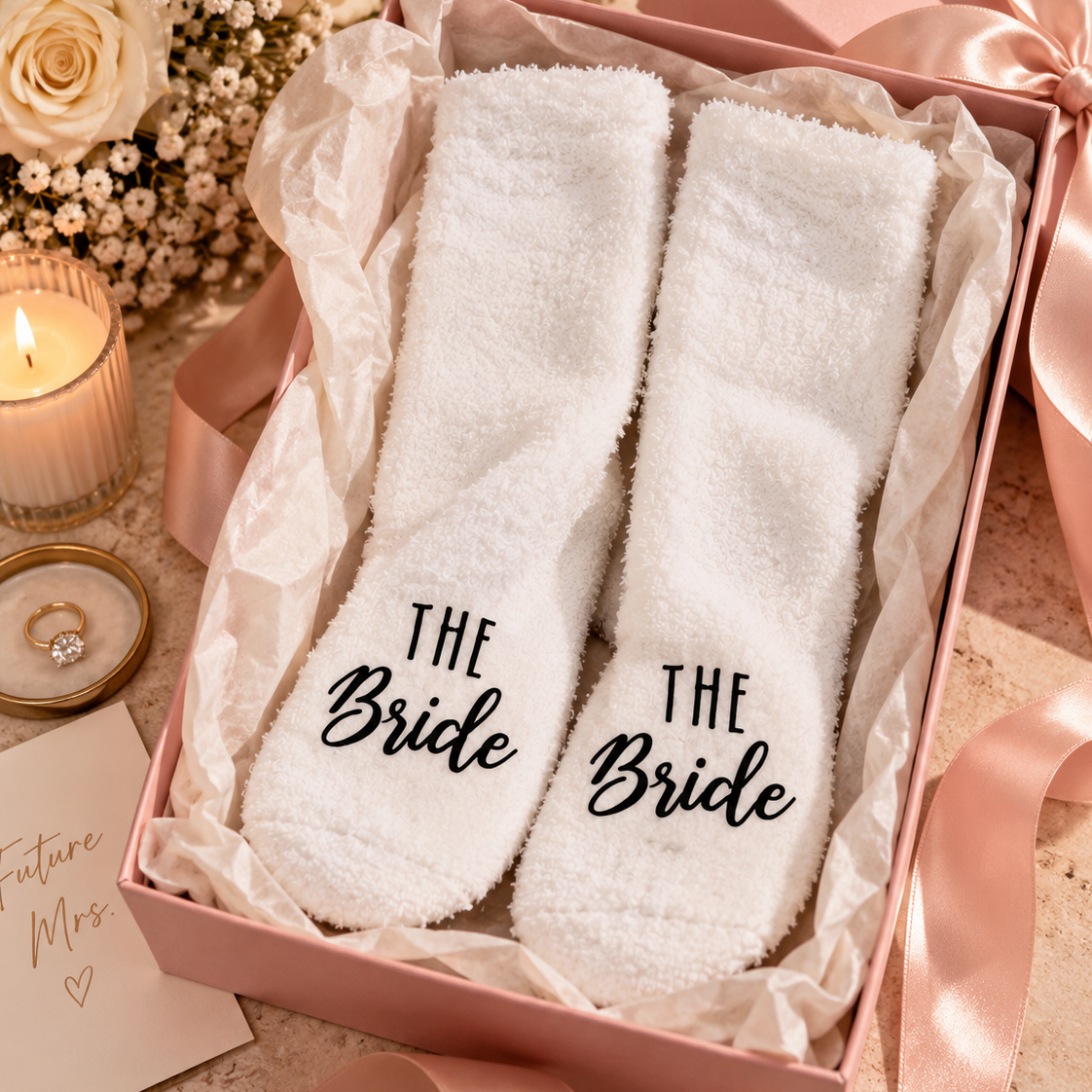 A pair of white plush socks printed with 'THE Bride' in black script, presented inside a pink gift box with tissue paper, surrounded by roses, a candle, and satin ribbon.