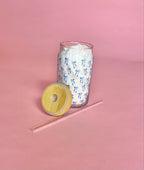Clear 16oz glass cup with bamboo lid and straw featuring a blue bow pattern, perfect for iced coffee and bridal gifts.
