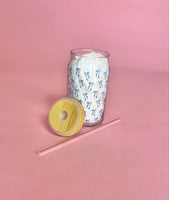 Clear 16oz glass cup with bamboo lid and straw featuring a blue bow pattern, perfect for iced coffee and bridal gifts.