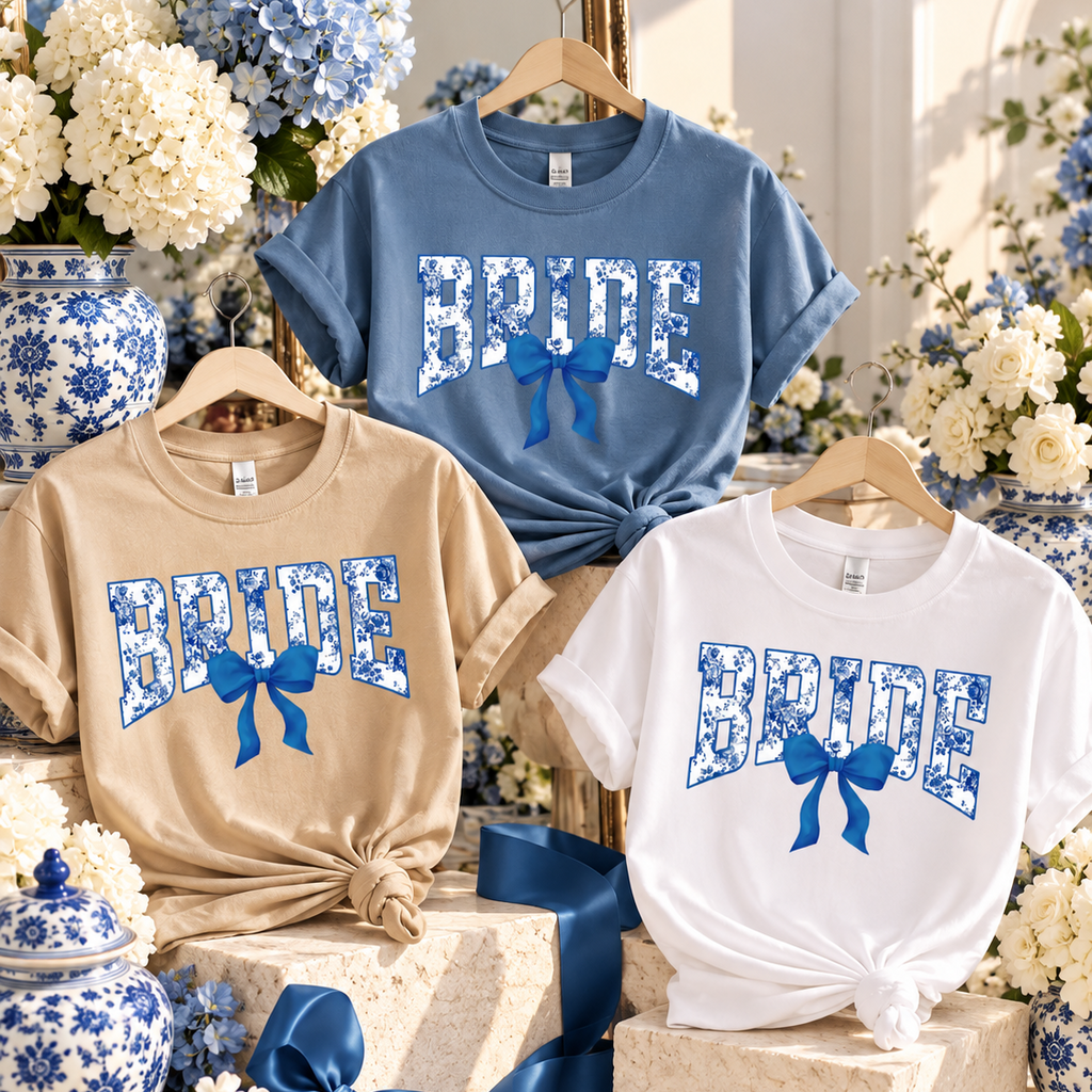 Three short-sleeve graphic T-shirts displayed on hangers in a styled setting with flowers and blue-and-white ceramic vases. The shirts are in blue, beige, and white, each featuring a large floral 'BRIDE' text design with a blue bow motif and a knotted hem.