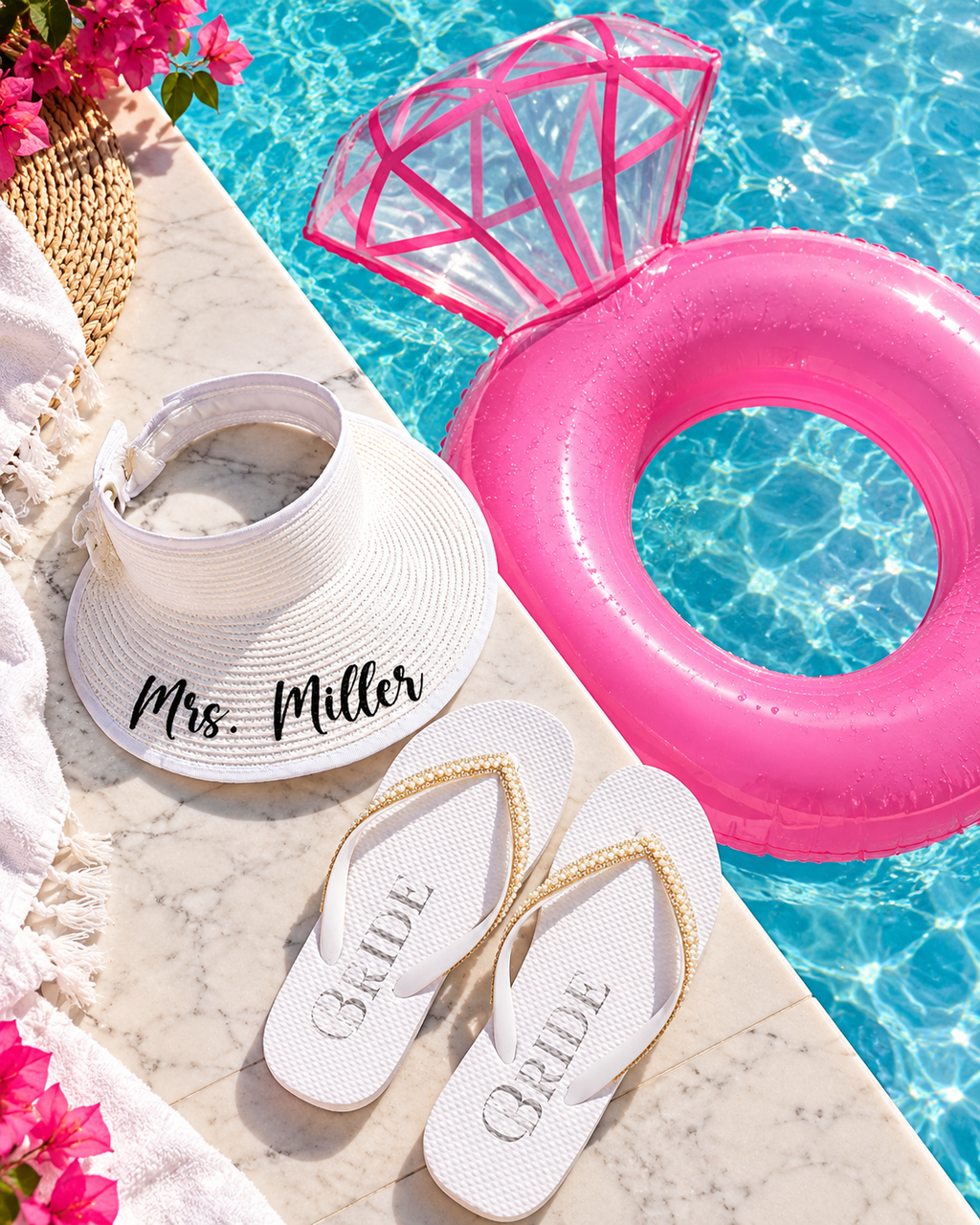 Bach Bundle – Bachelorette Party Pool Float, Personalized Bride Sun Hat & Bridal Flip Flops