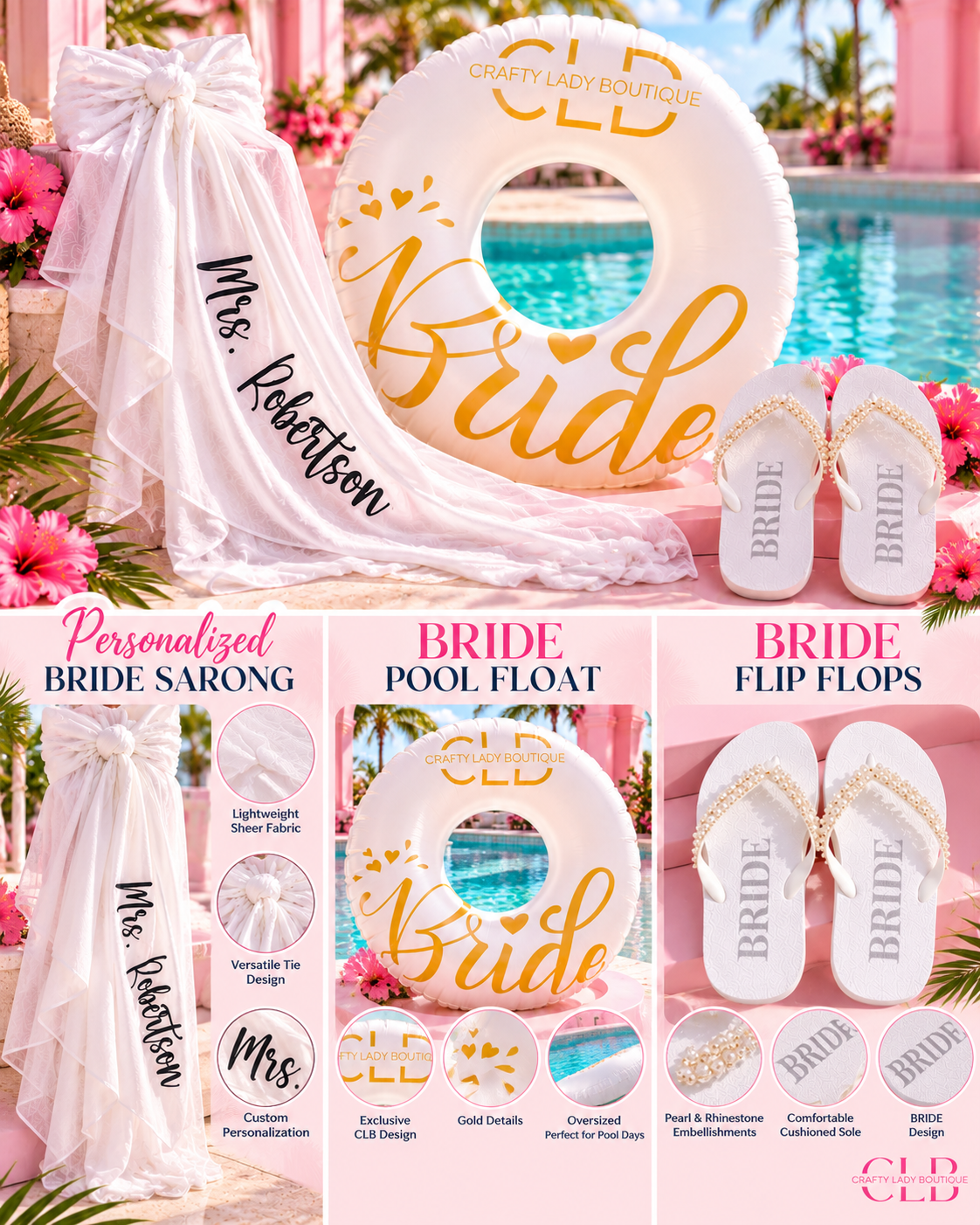 Beach Bride Bundle – Personalized Bridal Sarong, Bride Pool Float & Pearl Flip Flops | Bachelorette & Honeymoon Gift Set