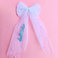 Embroidered Bride To Be hair bow with attached veil clip for bachelorette parties and bridal events.