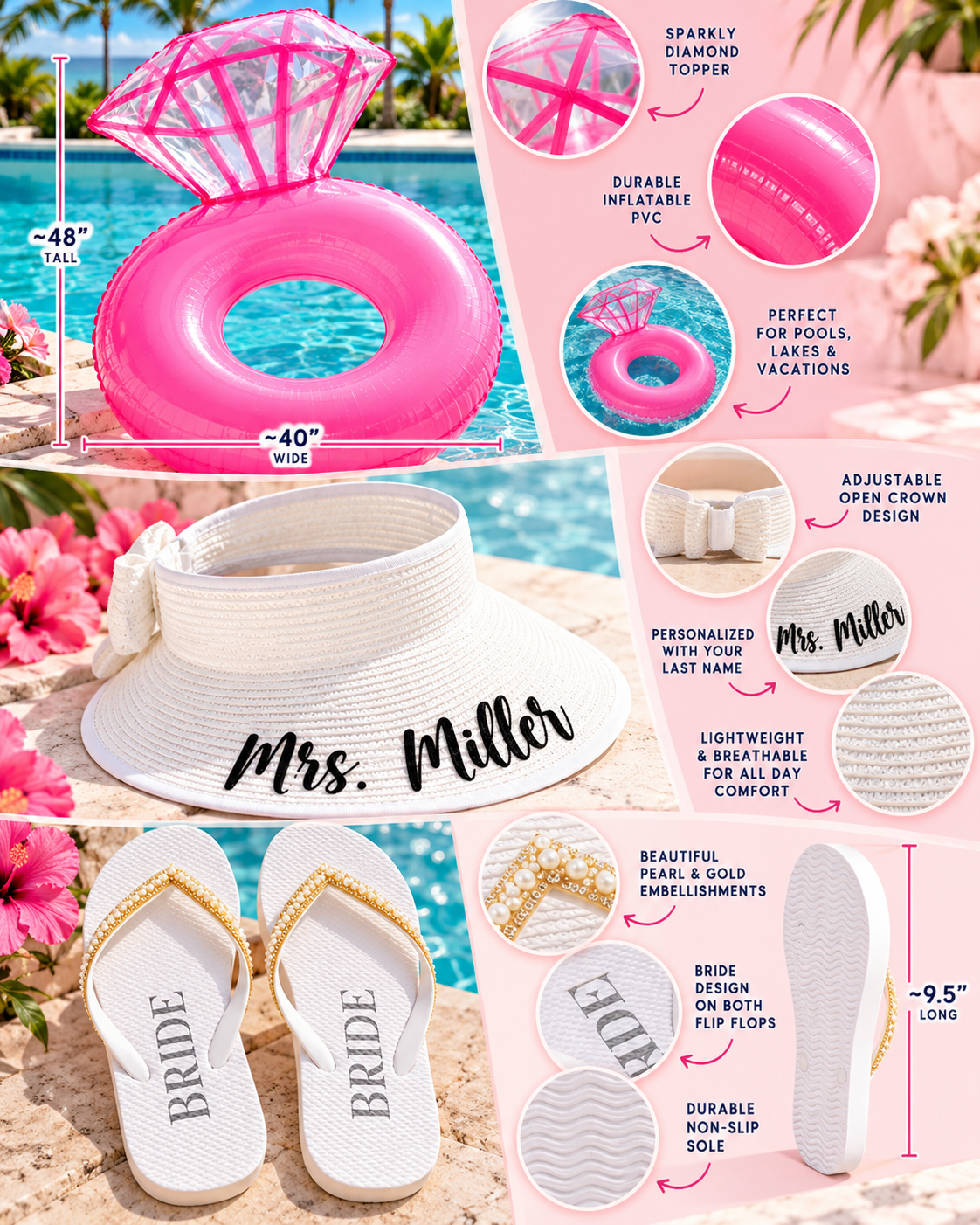 Bach Bundle – Bachelorette Party Pool Float, Personalized Bride Sun Hat & Bridal Flip Flops