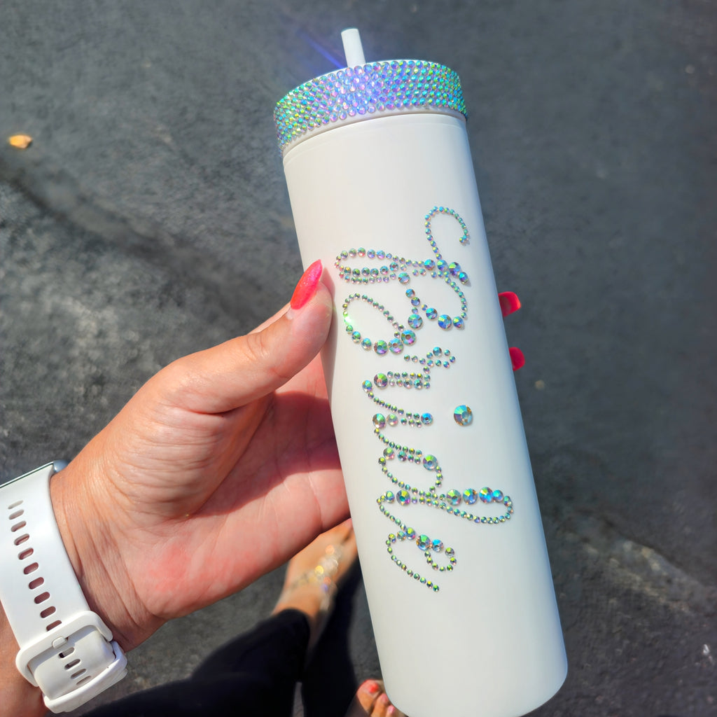 16oz white tumbler with rhinestone exterior and bold “BRIDE” lettering, featuring a clear lid and straw—perfect for weddings, bachelorettes, and brides-to-be.