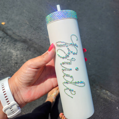 16oz white tumbler with rhinestone exterior and bold “BRIDE” lettering, featuring a clear lid and straw—perfect for weddings, bachelorettes, and brides-to-be.