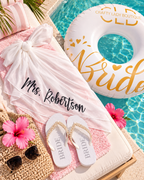 Beach Bride Bundle – Personalized Bridal Sarong, Bride Pool Float & Pearl Flip Flops | Bachelorette & Honeymoon Gift Set