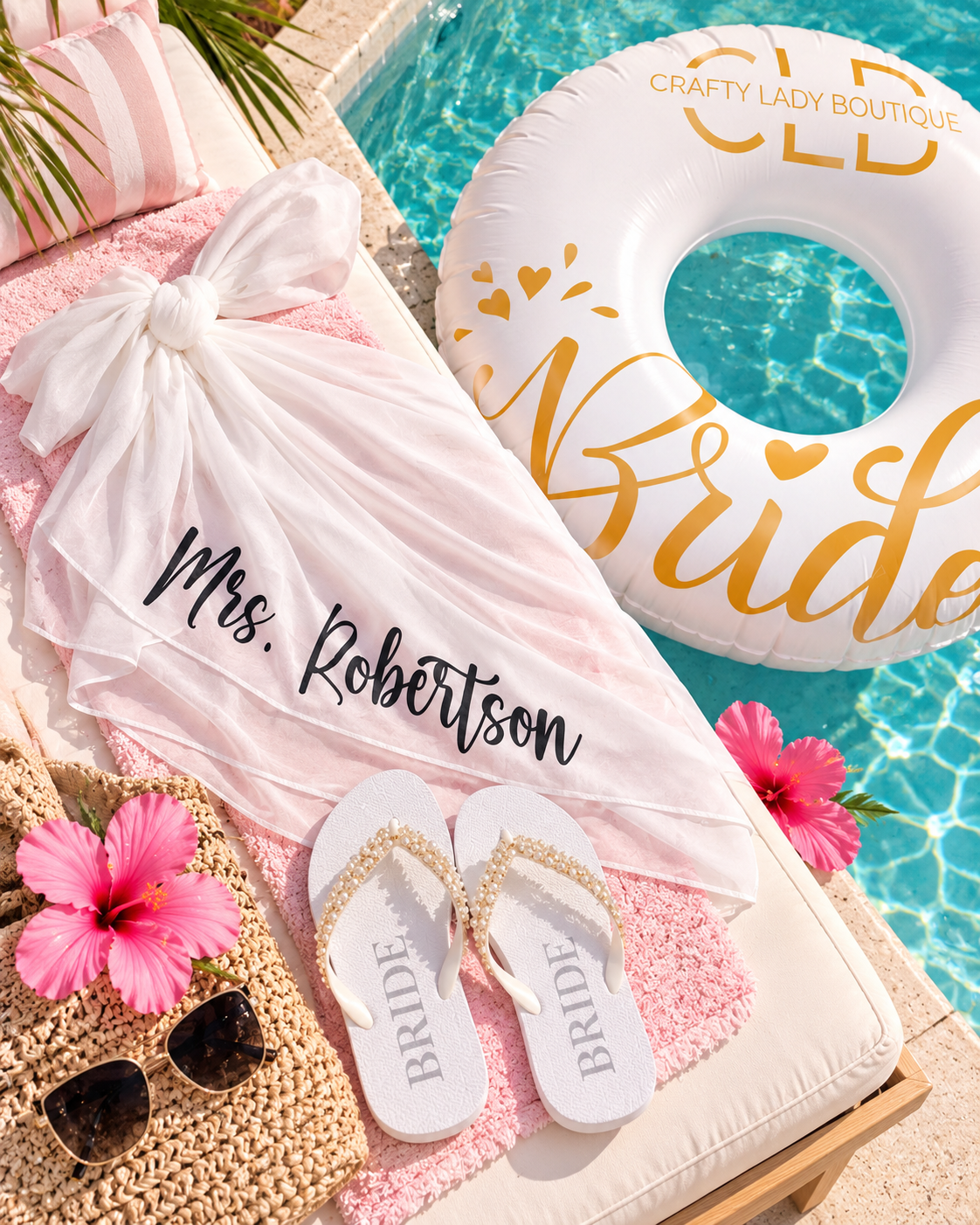 Beach Bride Bundle – Personalized Bridal Sarong, Bride Pool Float & Pearl Flip Flops | Bachelorette & Honeymoon Gift Set