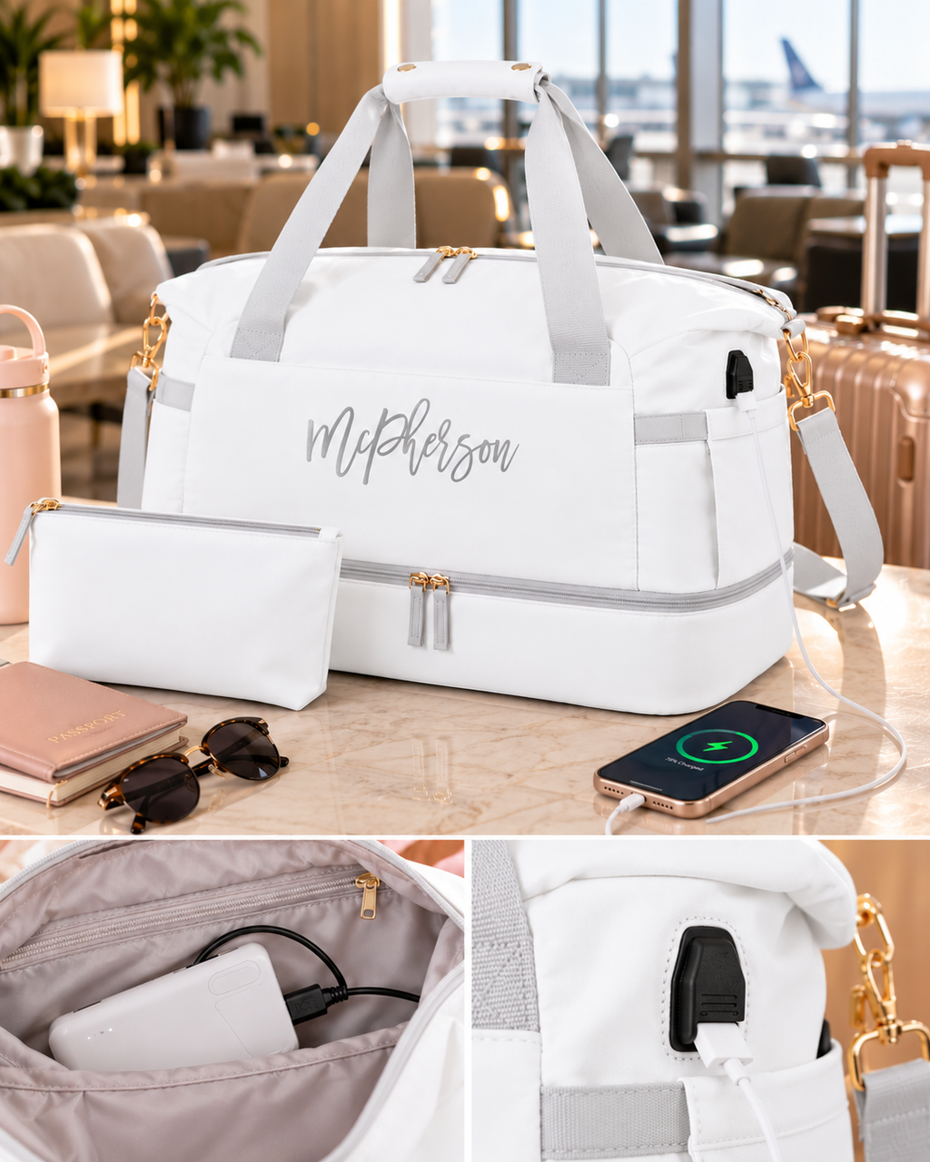 Personalized Weekender Travel Bag with Shoe Compartment, USB Charging Port &amp; Matching Makeup Bag