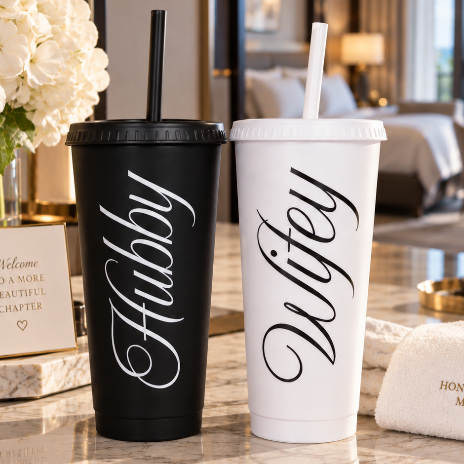 Two personalized travel tumblers on a marble countertop in a luxurious hotel room. One tumbler is matte black with the word 'Hubby' in white script, and the other is white with the word 'Wifey' in black script.