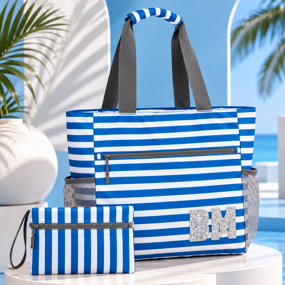 Blue & White Striped Beach Tote with Matching Pouch