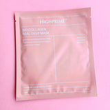 Pink bio-collagen deep sheet mask packaging designed for hydration, firming, and pore minimizing skincare.