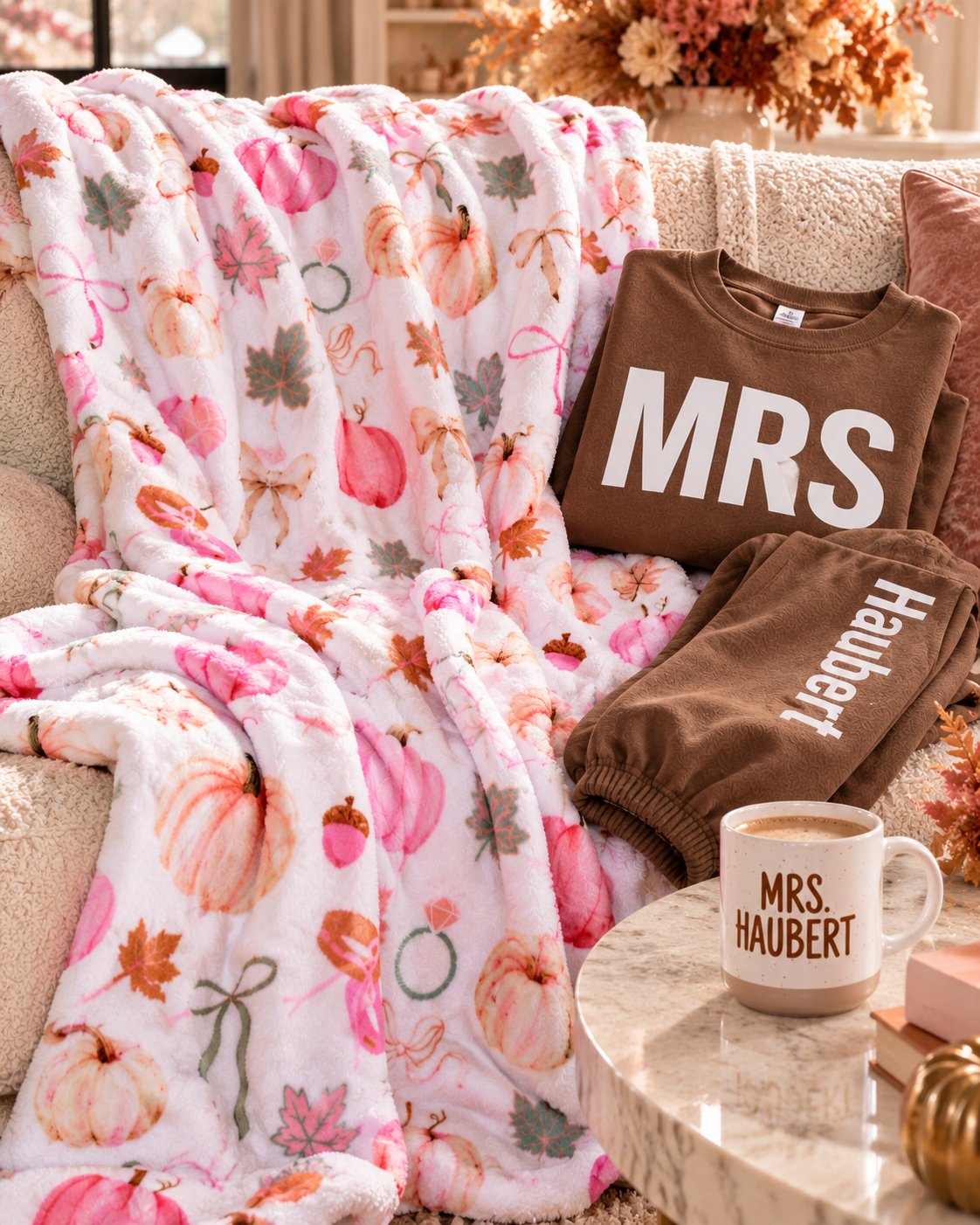 Cozy Wife Bundle | Personalized Mrs. Sweatsuit, Coffee Mug & Fall Blanket