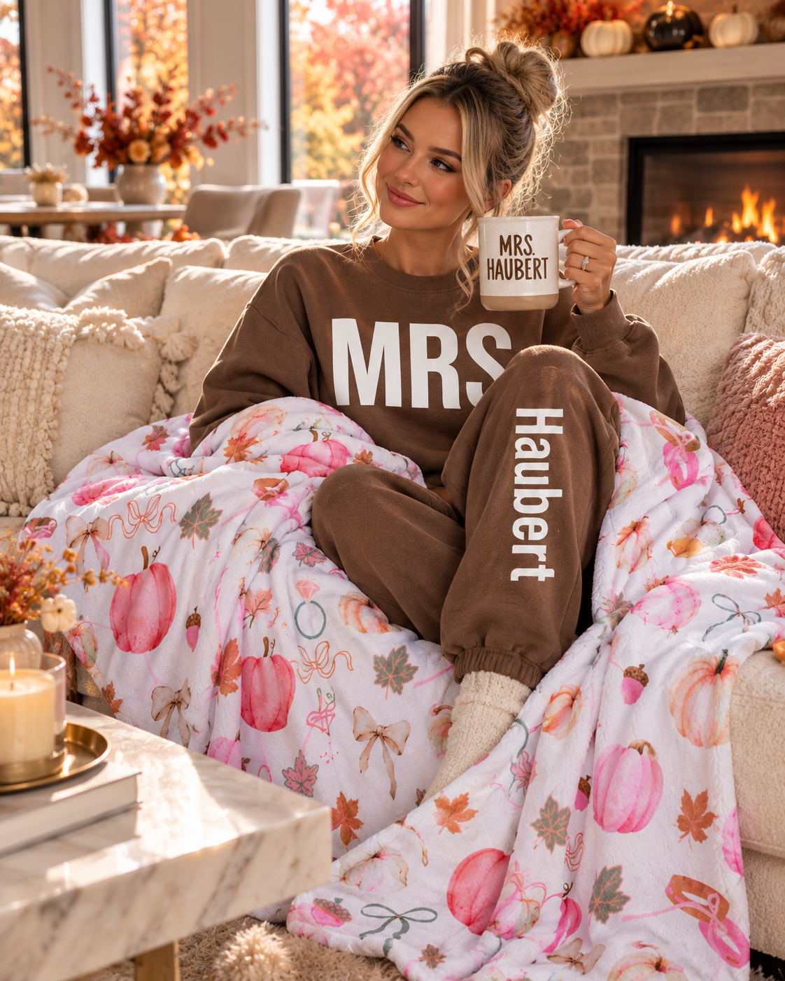 Cozy Wife Bundle | Personalized Mrs. Sweatsuit, Coffee Mug & Fall Blanket