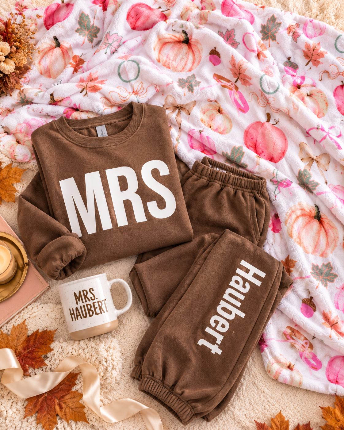 Cozy Wife Bundle | Personalized Mrs. Sweatsuit, Coffee Mug & Fall Blanket