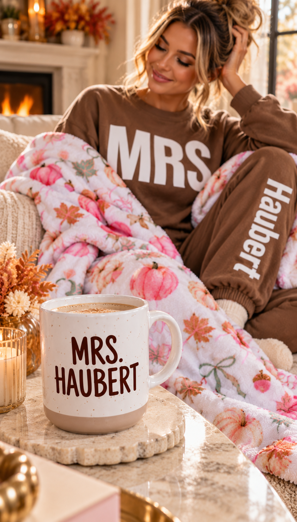 Cozy Wife Bundle | Personalized Mrs. Sweatsuit, Coffee Mug & Fall Blanket