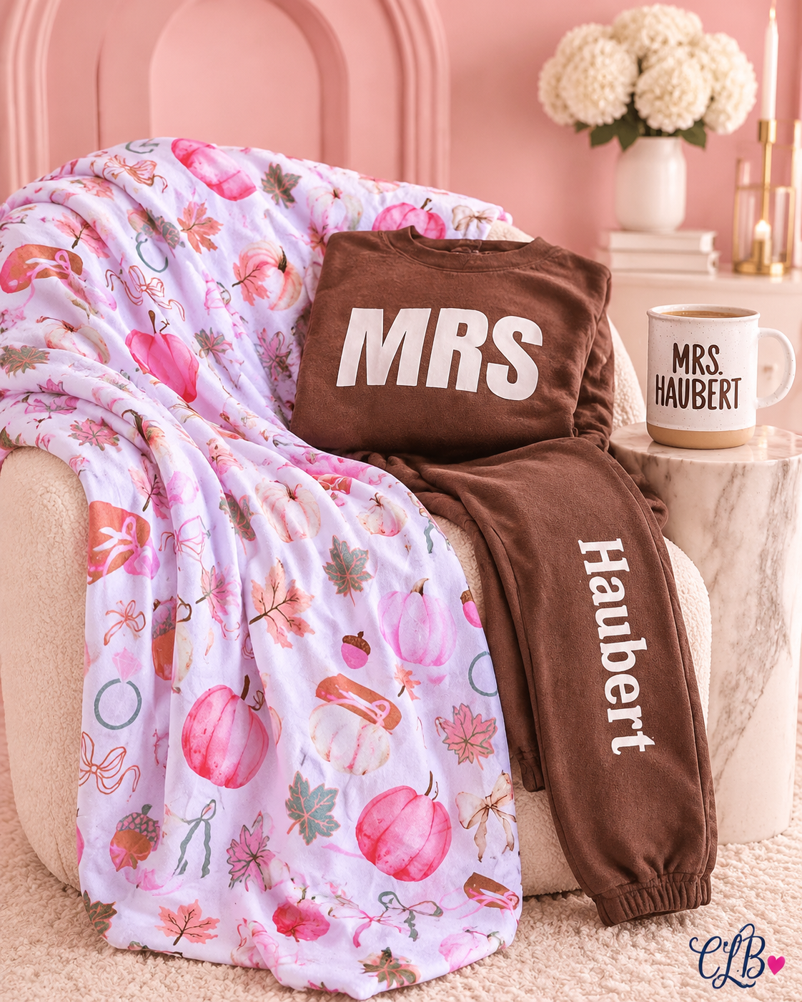 Cozy Wife Bundle | Personalized Mrs. Sweatsuit, Coffee Mug & Fall Blanket
