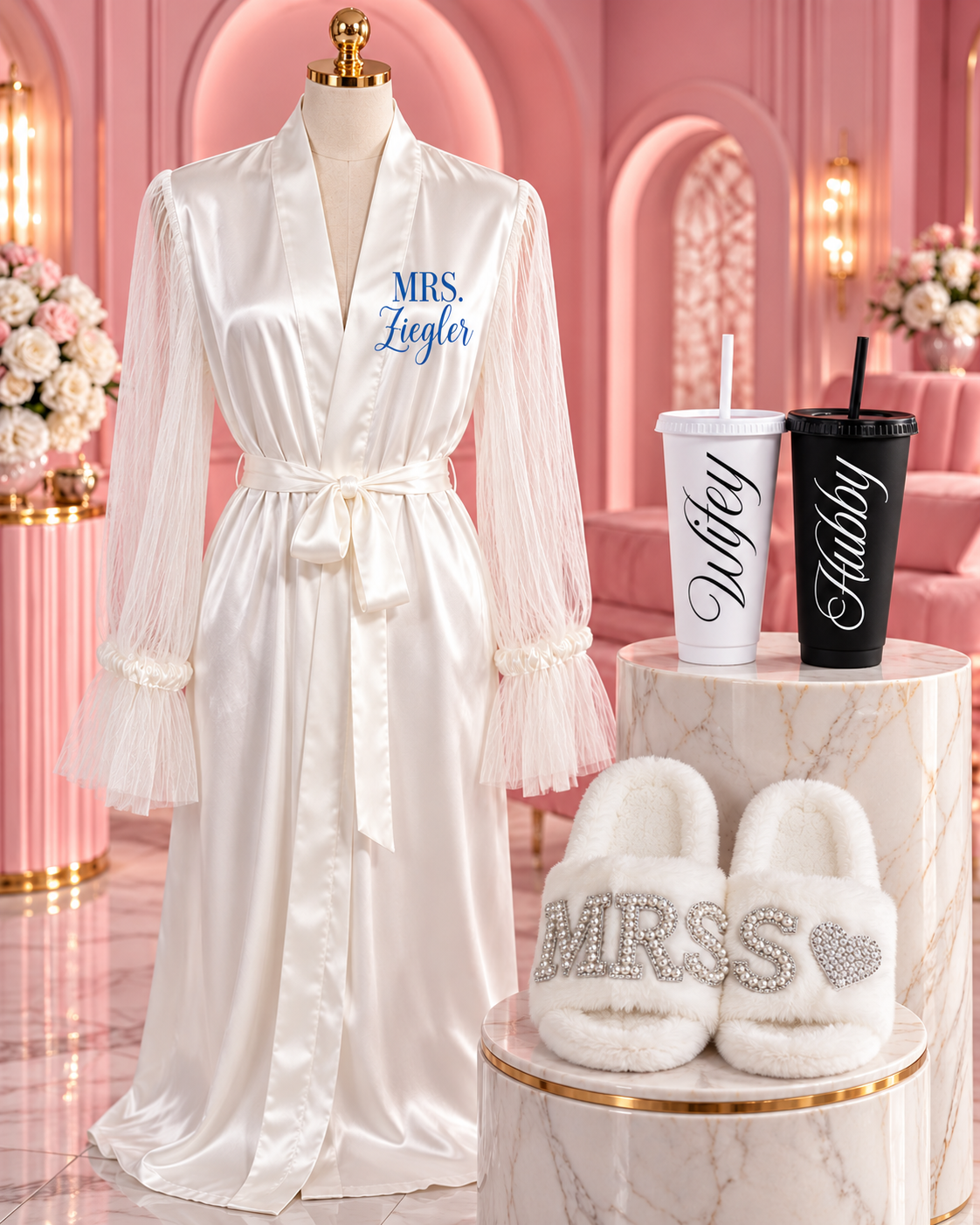 Wedding Day Bundle | Personalized Bridal Robe, Mrs. Slippers & His and Hers Tumblers