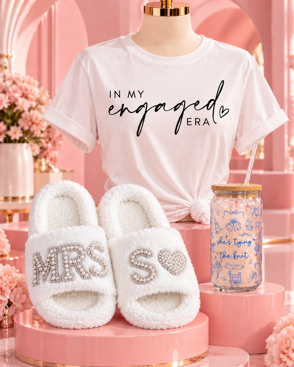 Engaged Era Gift Bundle | Bride-to-Be T-Shirt, MRS Slippers & Glass Cup | Engagement & Bridal Shower Gift Set