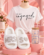 Engaged Era Gift Bundle | Bride-to-Be T-Shirt, MRS Slippers & Glass Cup | Engagement & Bridal Shower Gift Set
