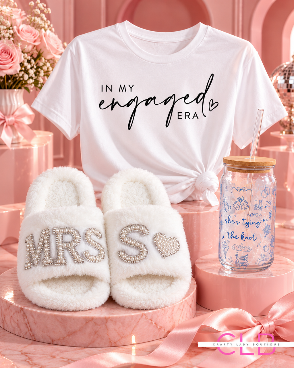 Engaged Era Gift Bundle | Bride-to-Be T-Shirt, MRS Slippers & Glass Cup | Engagement & Bridal Shower Gift Set