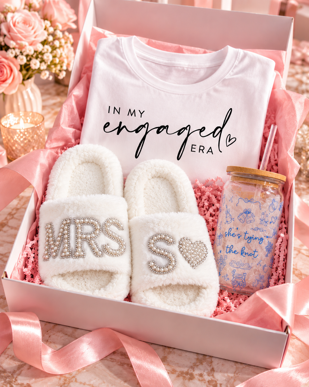 Engaged Era Gift Bundle | Bride-to-Be T-Shirt, MRS Slippers & Glass Cup | Engagement & Bridal Shower Gift Set