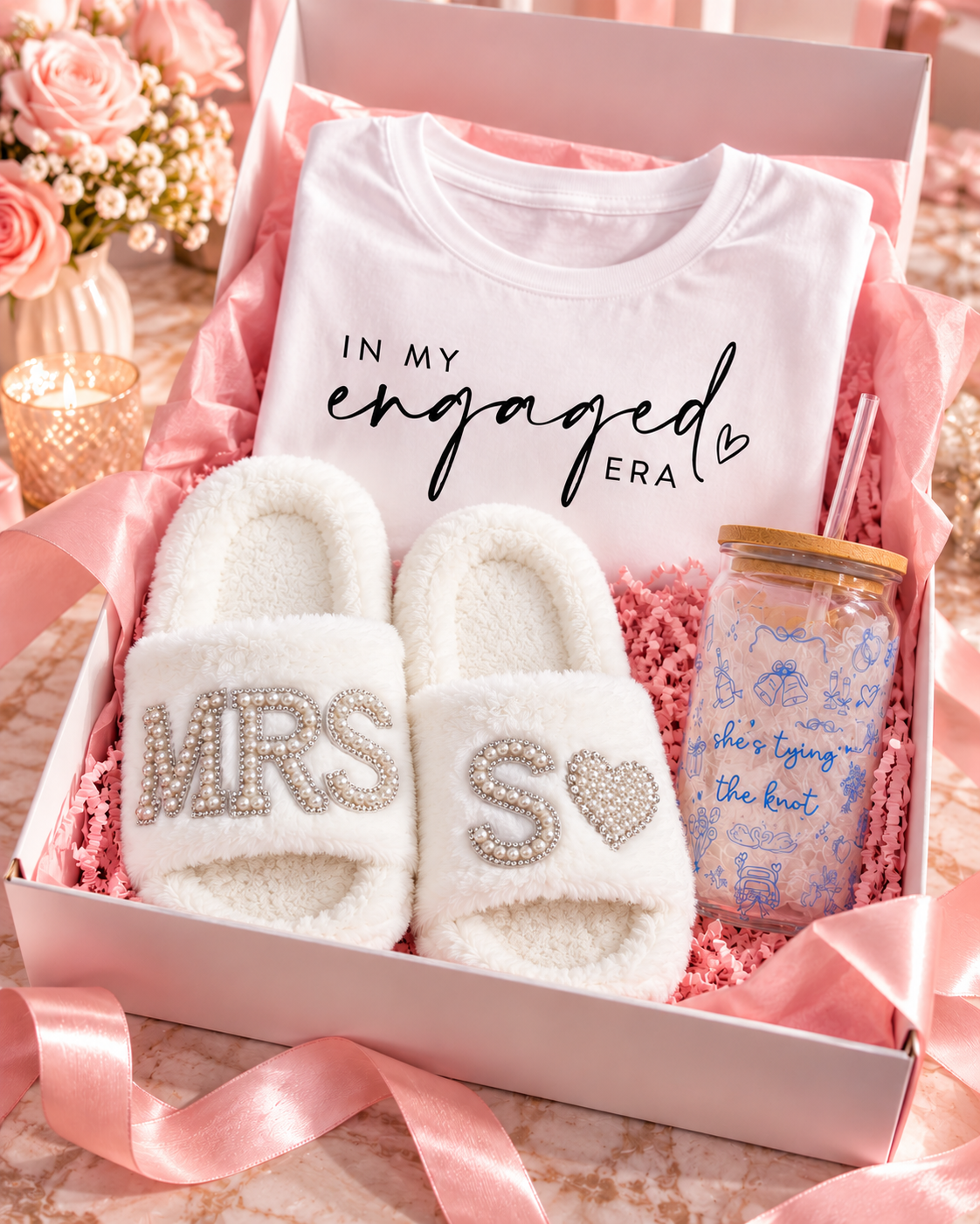 Engaged Era Gift Bundle | Bride-to-Be T-Shirt, MRS Slippers & Glass Cup | Engagement & Bridal Shower Gift Set