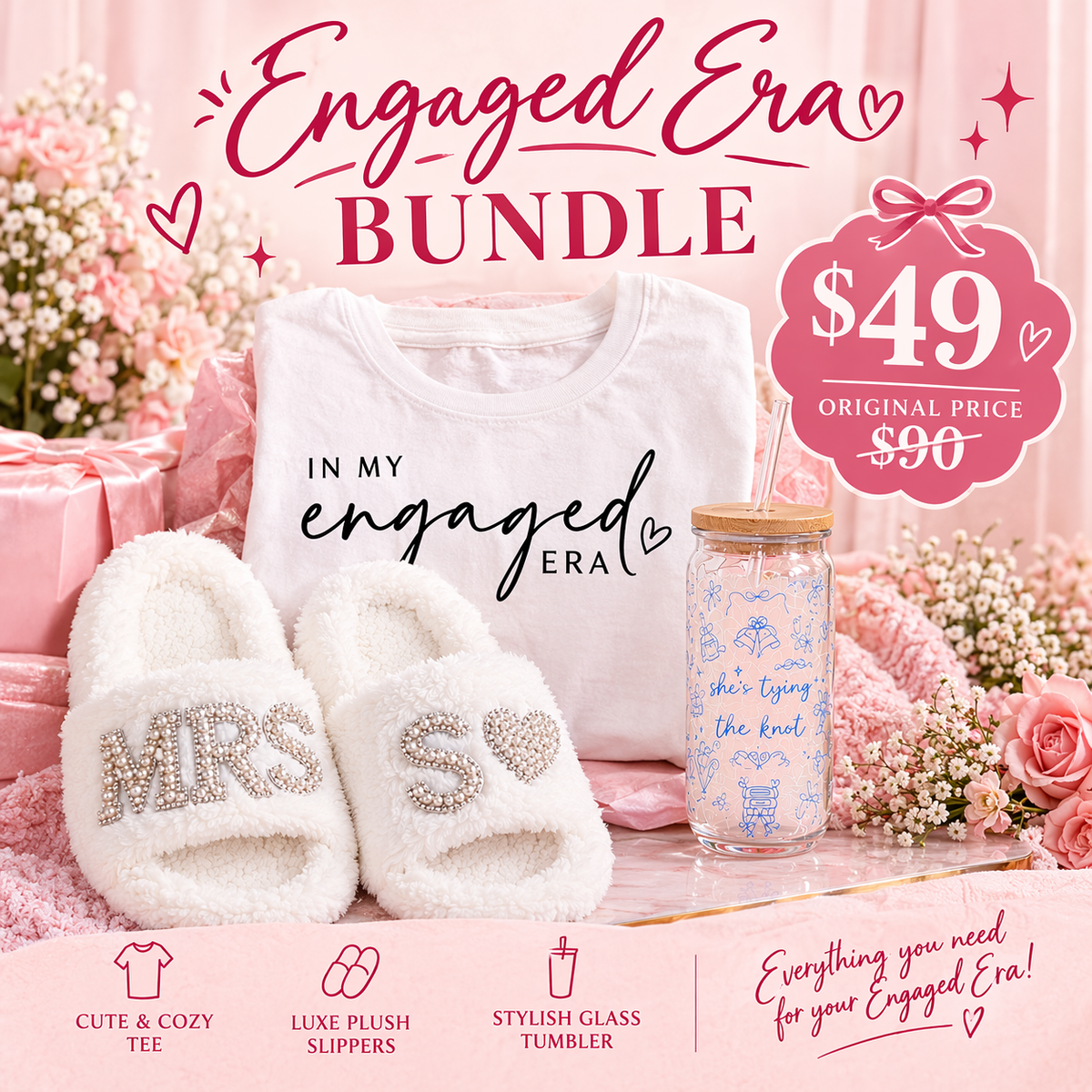 Engaged Era Gift Bundle | Bride-to-Be T-Shirt, MRS Slippers & Glass Cup | Engagement & Bridal Shower Gift Set