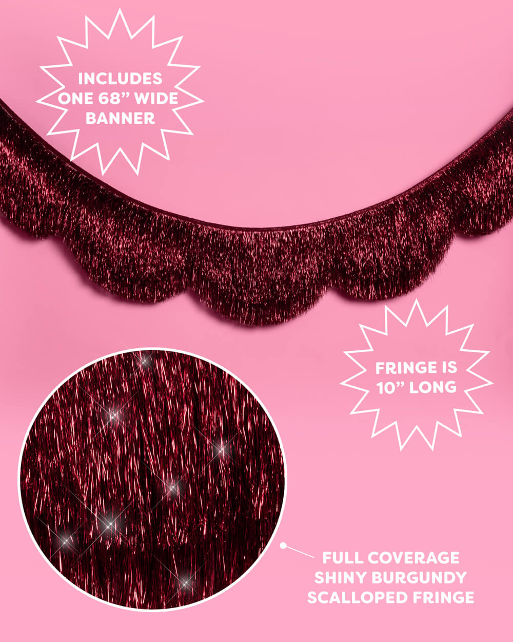 Burgundy Scallop Fringe Banner - 6 ft red fringe garland
